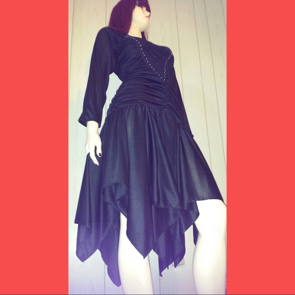 VTG Rhinestones & Lace Black Ruched GLAM Party Dress